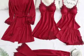 Silk Women 5 Pieces Pajama Set Robe Sleep Top Sleep Bottoms