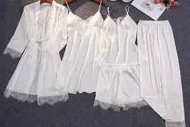 Silk Women 5 Pieces Pajama Set Robe Sleep Top Sleep Bottoms