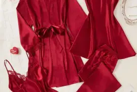 Silk Women 5 Pieces Pajama Set Robe Sleep Top Sleep Bottoms