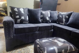 Brand New Velvet Grey Sectional With Ottoman. Cushions